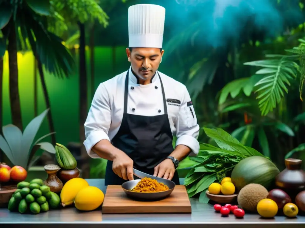 Chef amazónico preparando recetas culinarias amazónicas tradicionales en cocina tradicional rodeado de ingredientes indígenas