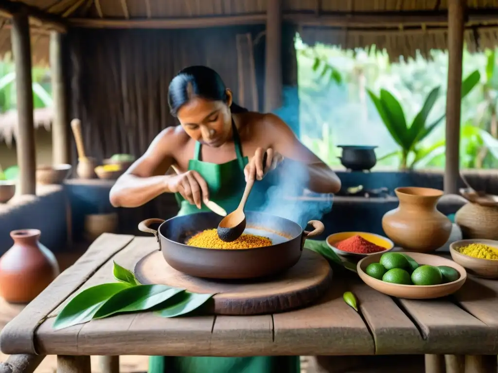 Un chef amazónico preparando recetas culinarias amazónicas tradicionales en una cocina rústica de la selva