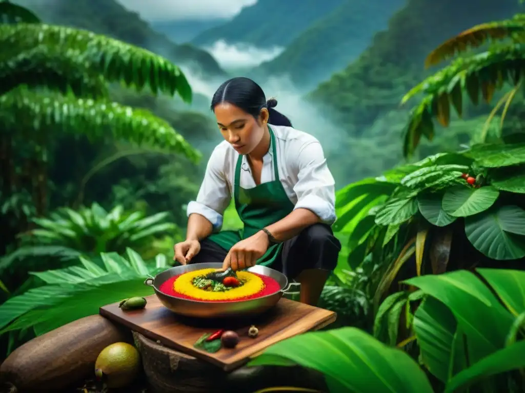 Un chef indígena amazónico preparando un tesoro culinario en la selva