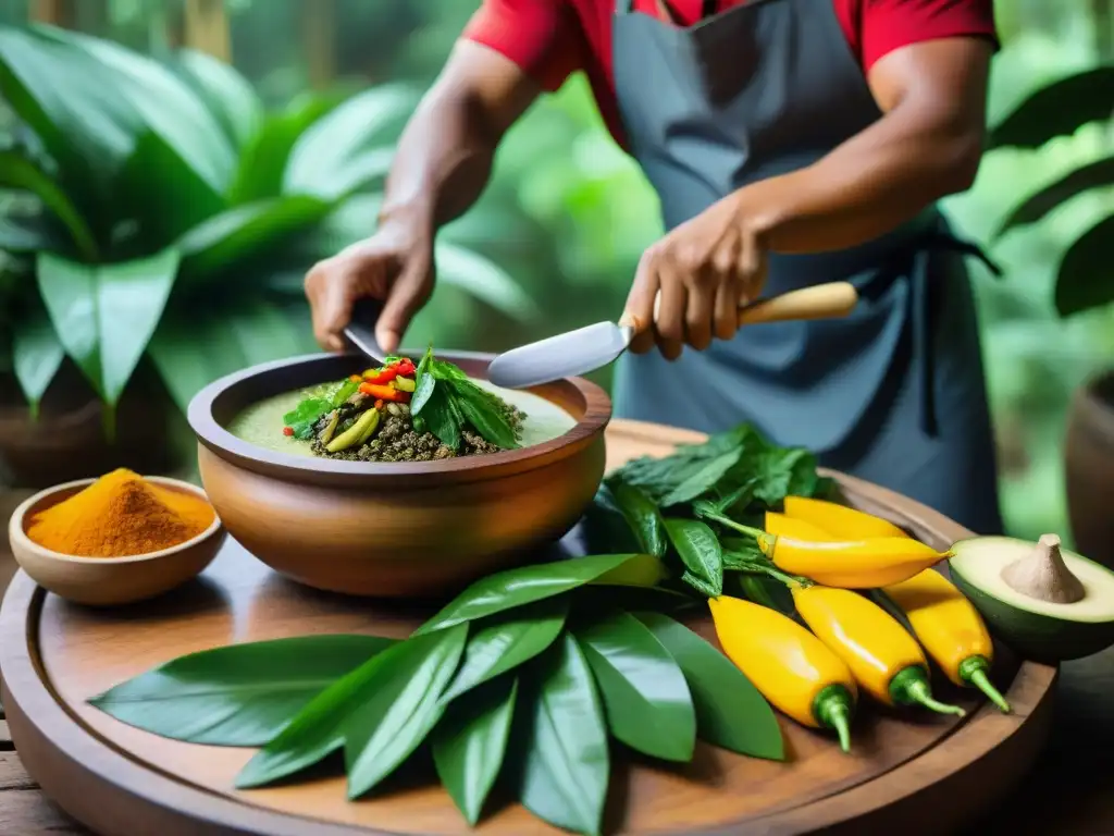 Un chef amazónico prepara con maestría una Sopa Timbuche, rodeado de ingredientes frescos