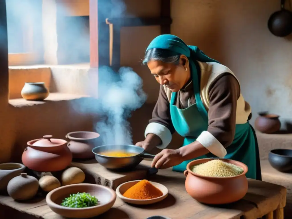 Un chef andino preparando la ancestral Sopa Saralawa en una cocina tradicional, con ingredientes coloridos y utensilios de barro