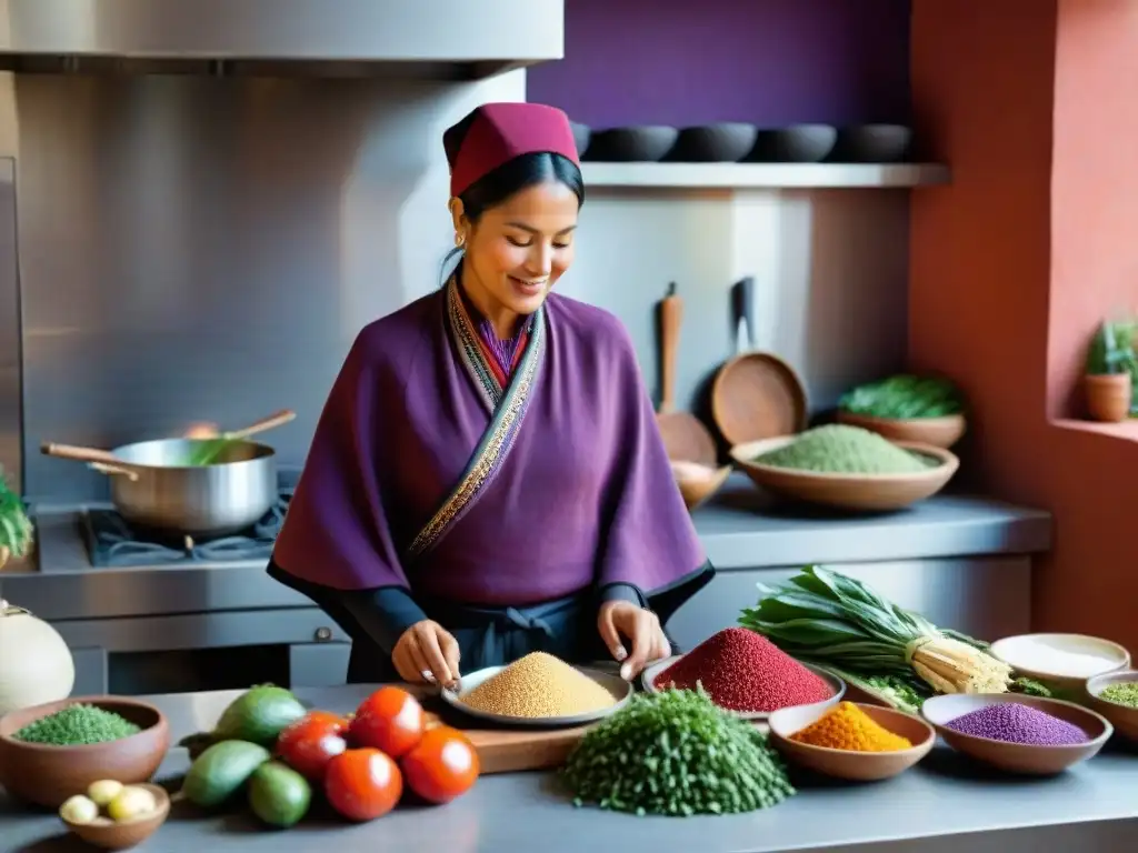 Un chef andino en cocina moderna fusionando tradición y vanguardia