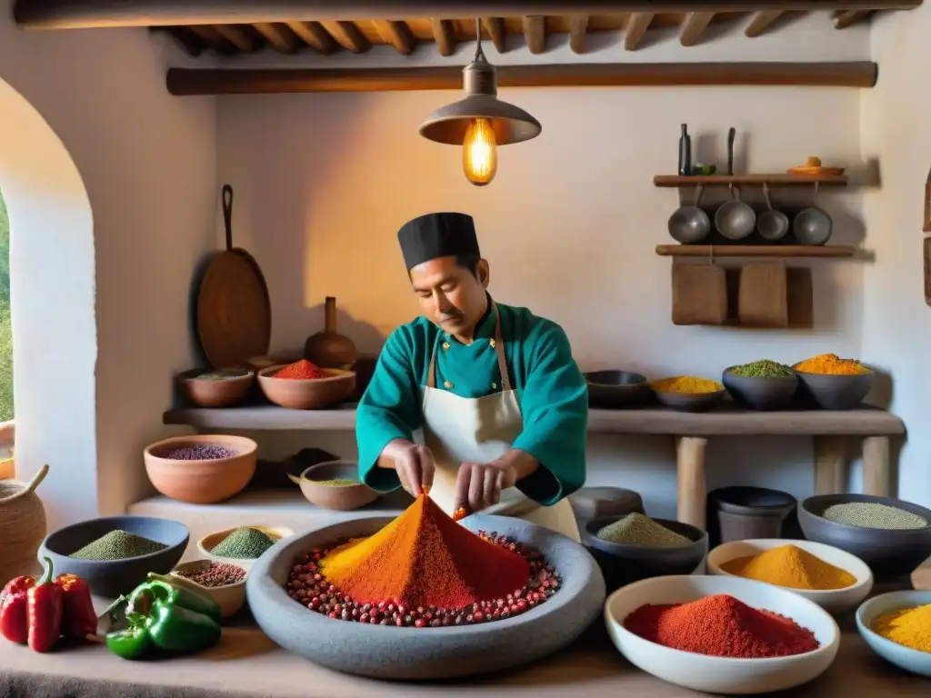 Un chef andino muele ají en cocina tradicional, resaltando los beneficios del ají en cocina