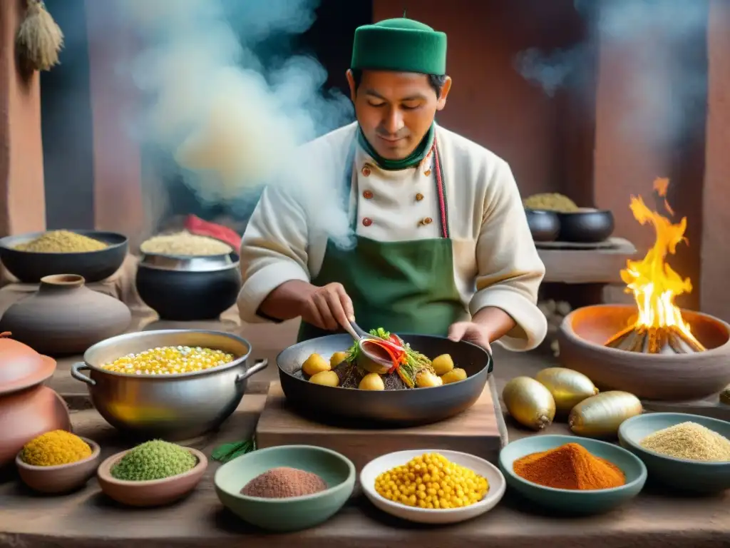 Un chef andino prepara un Cuy al Horno en una cocina tradicional peruana, resaltando la receta tradicional