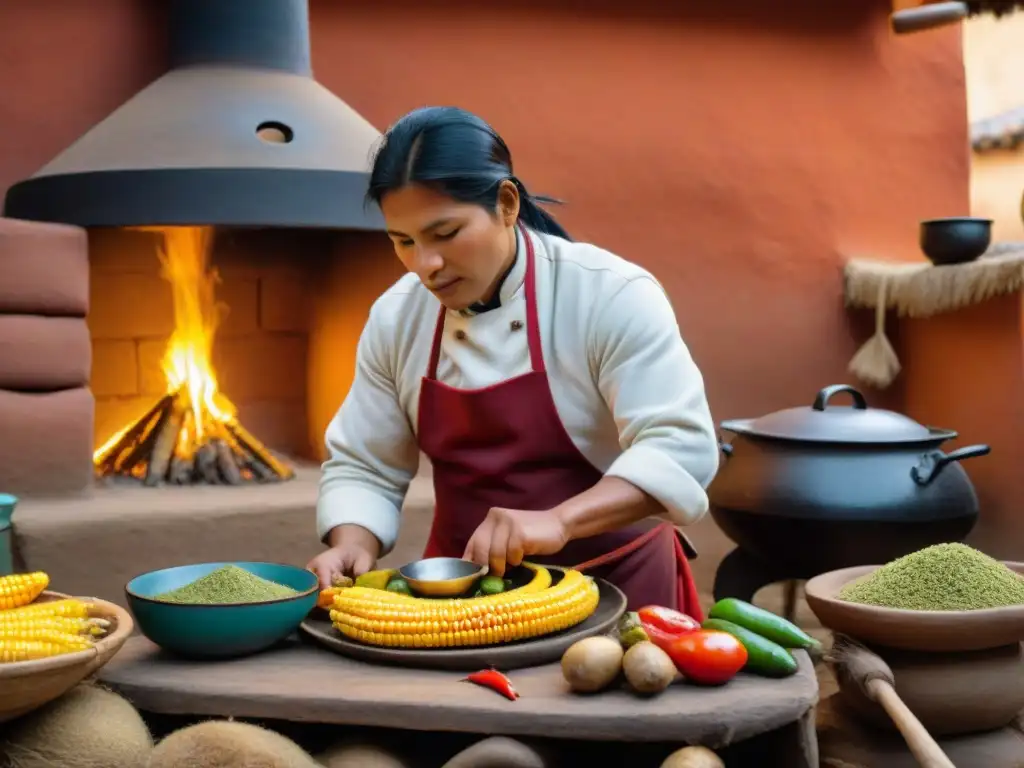 Chef andino preparando Cuy al Horno con ingredientes locales y tradicionales en cocina peruana, receta tradicional