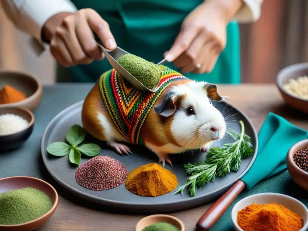 Chef andino sazona un Cuy al Horno con cuidado, en cocina tradicional peruana