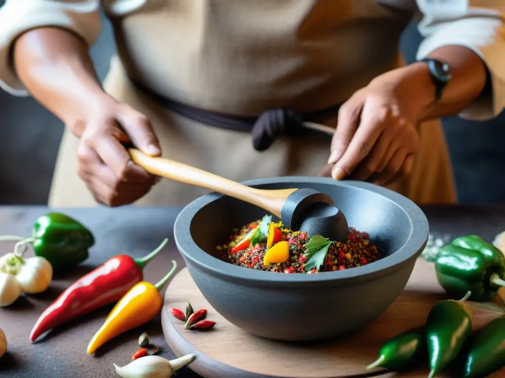 Un chef andino experto muestra la importancia del mortero de piedra andino en la cocina tradicional, moliendo ingredientes coloridos