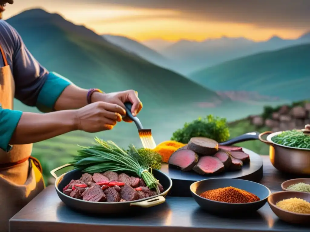 Un chef andino experto prepara olluco con carne con técnicas tradicionales en una cocina rústica