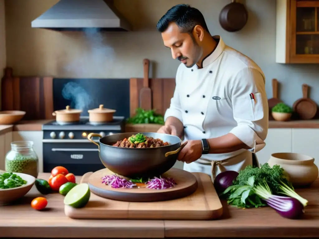 Un chef andino experto prepara Olluco con Carne con técnica tradicional en cocina rústica