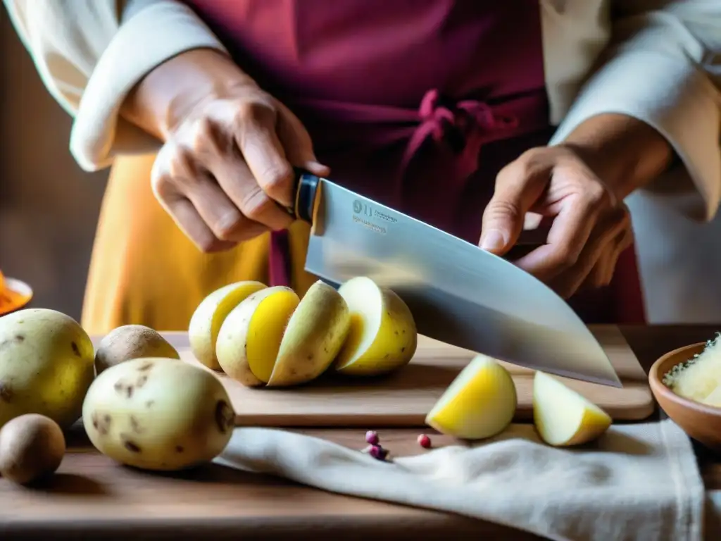 Un chef andino experto cortando ollucos frescos con destreza, sobre un telar tradicional