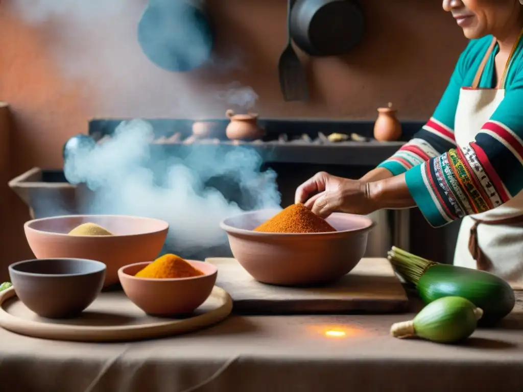 Un chef andino experto prepara ollucos en una cocina tradicional, con utensilios ancestrales y una cálida luz de fuego