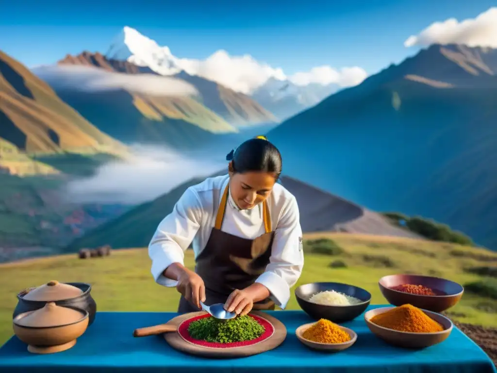 Un chef andino experto preparando un plato tradicional en cocina rústica de montaña, rodeado de ingredientes vibrantes