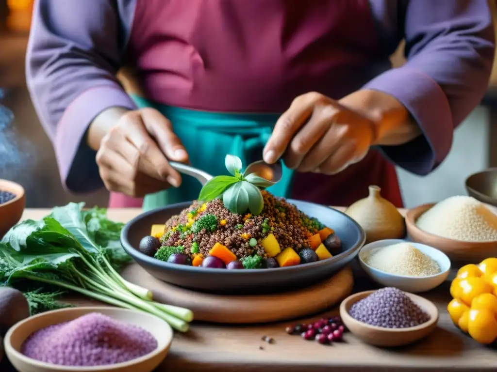 Chef andino experto preparando plato con ingredientes autóctonos en cocina tradicional