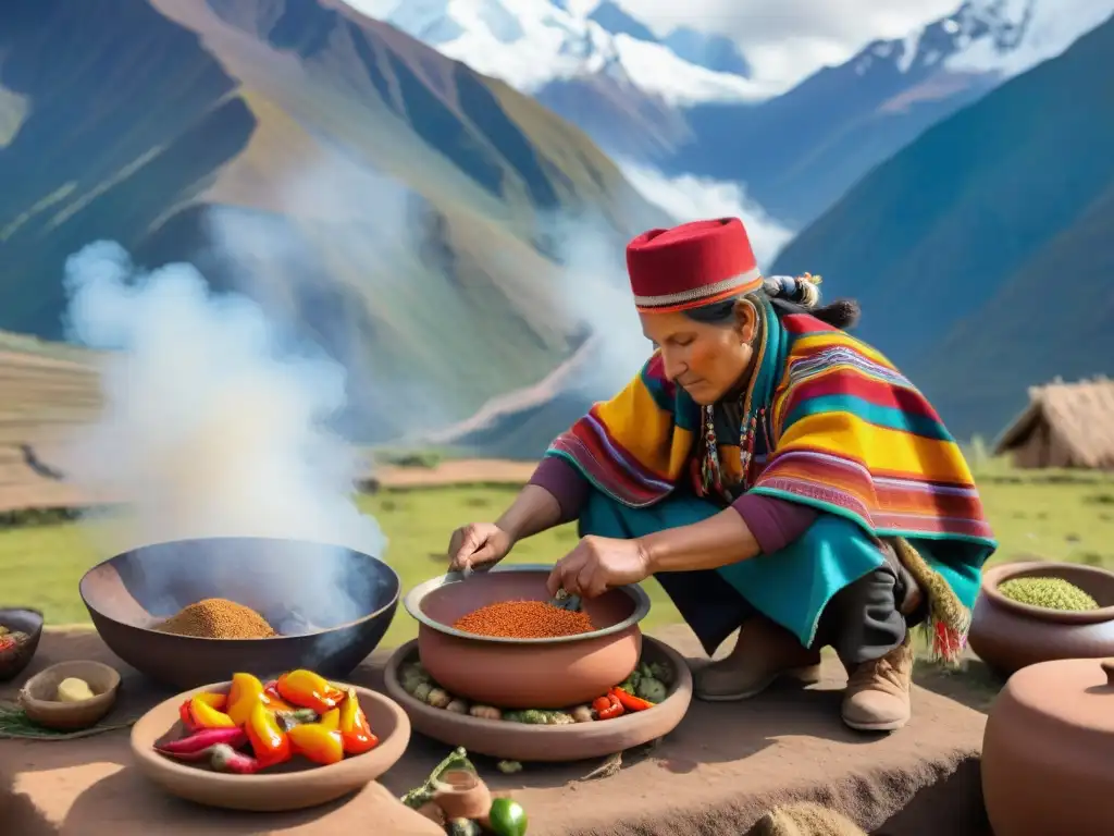 Un chef andino experto en técnicas culinarias tradicionales prepara un plato típico entre los imponentes picos nevados de los Andes