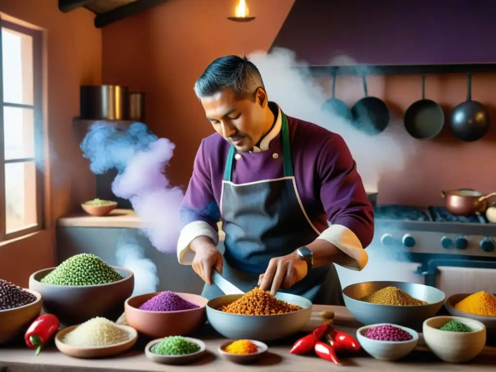 Un chef andino redefiniendo la gastronomía en una cocina rústica, con ingredientes coloridos y mucha pasión