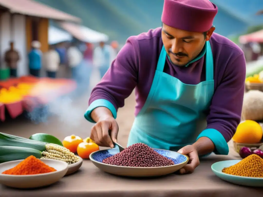 Un chef andino redefiniendo la gastronomía, arreglando ingredientes nativos en un mercado bullicioso