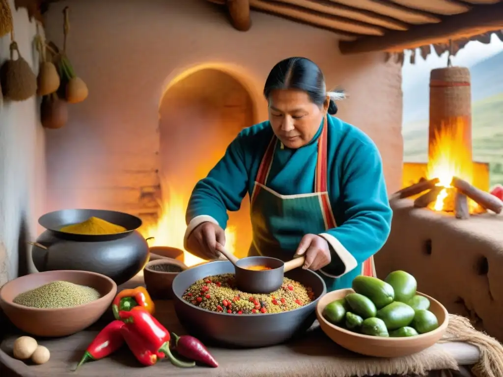 Un chef andino prepara ingredientes nativos en una cocina rústica de los Andes