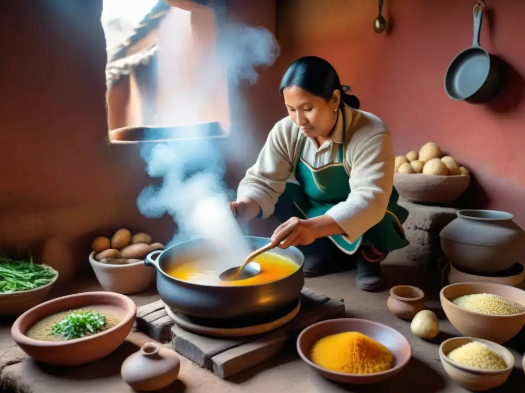 Un chef andino preparando una Patasca: caldo andino tradicional en una cocina rústica, con utensilios de madera y textiles coloridos