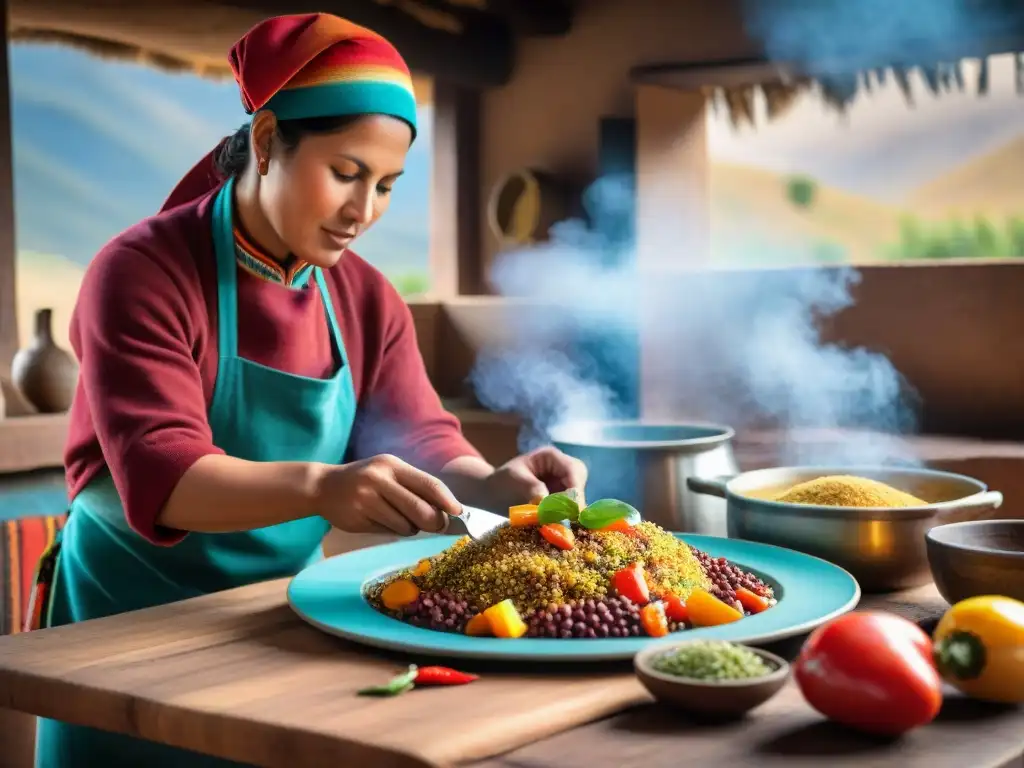 Un chef andino preparando un plato colorido con ingredientes autóctonos en una cocina tradicional