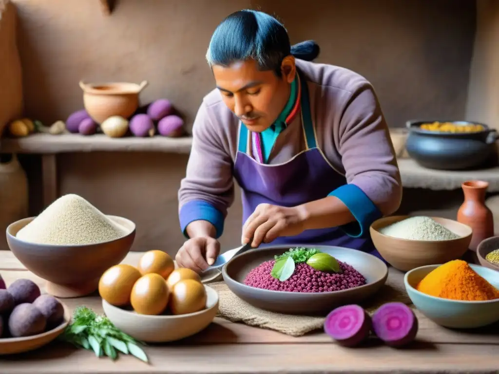 Un chef andino prepara un plato colorido con técnicas culinarias andinas tradicionales, rodeado de ingredientes vibrantes en una cocina rústica