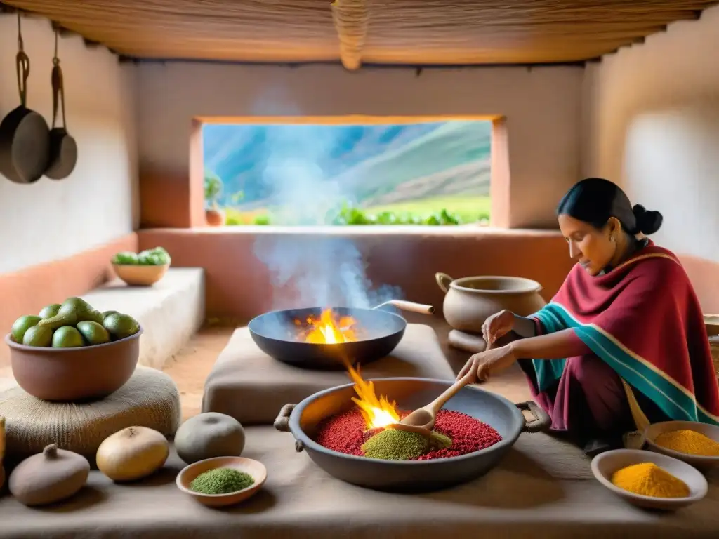 Un chef andino prepara un plato tradicional con ingredientes autóctonos en una cocina rústica