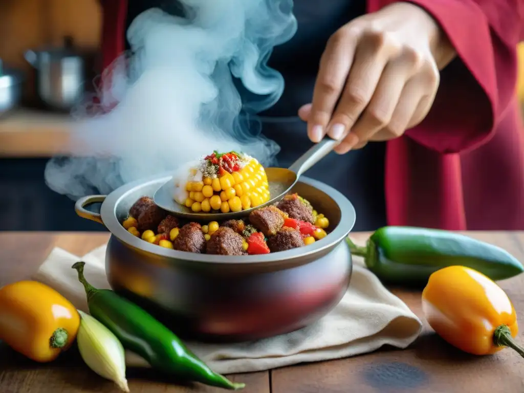 Un chef andino rellena un rocoto rojo con ingredientes tradicionales en una cocina rústica