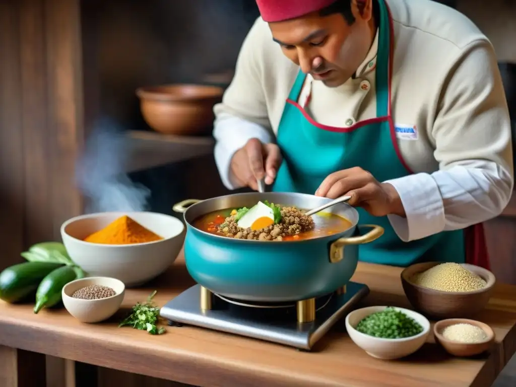 Un chef andino prepara una sopa de quinua en una cocina tradicional, creando una atmósfera auténtica