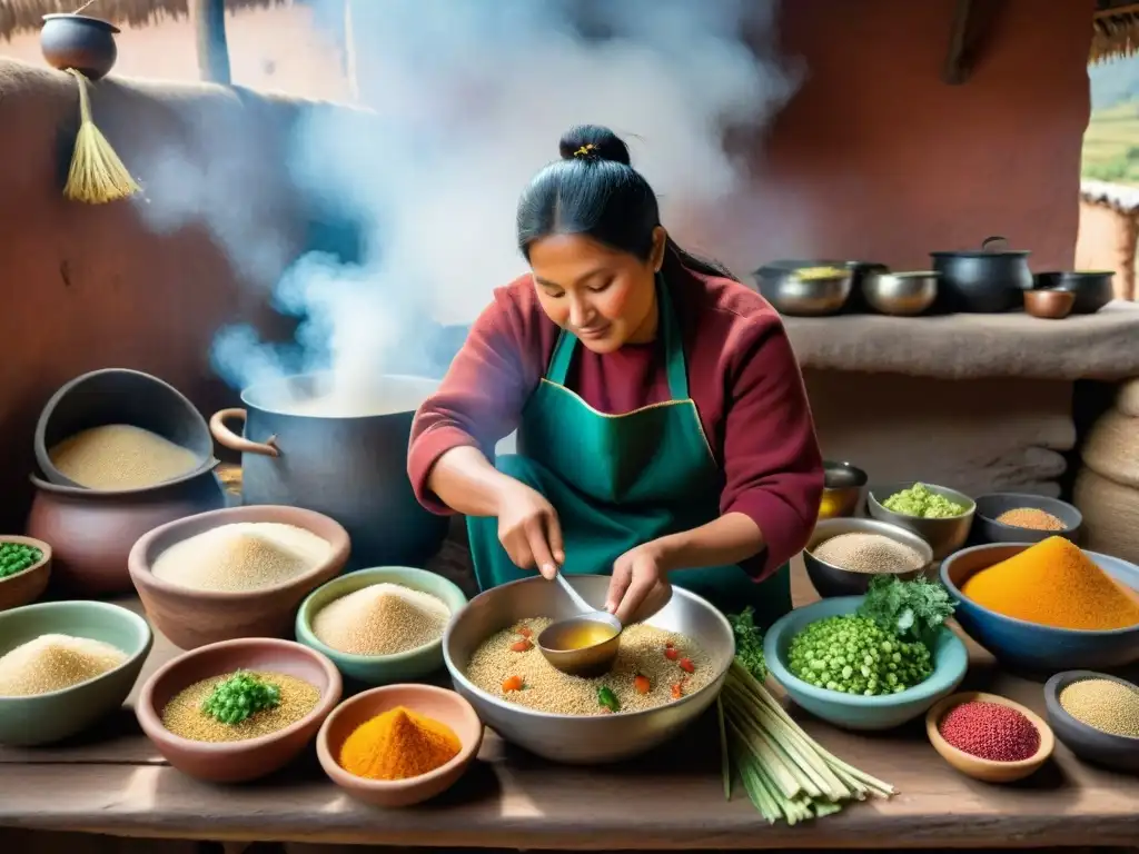 Un chef andino prepara una Sopa de quinua andina completa en una cocina tradicional, rodeado de ingredientes vibrantes y utensilios de cocina rústicos