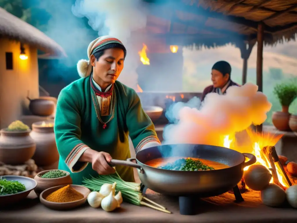 Un chef andino prepara Tocosh en una cocina tradicional, con ingredientes coloridos y un ambiente acogedor