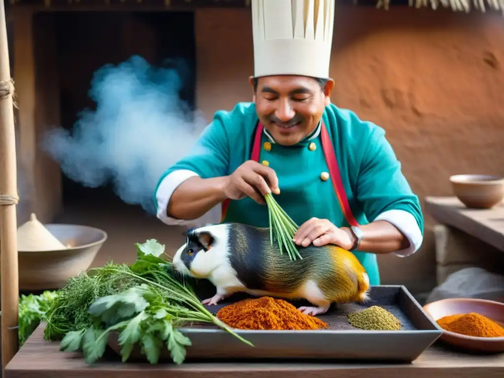 Chef andino viste traje tradicional al colocar cuy en horno de barro, mercado vibrante de fondo