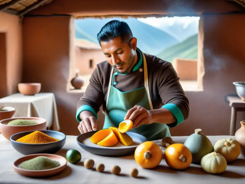 Chef andino preparando zapallo loche con destreza en cocina tradicional