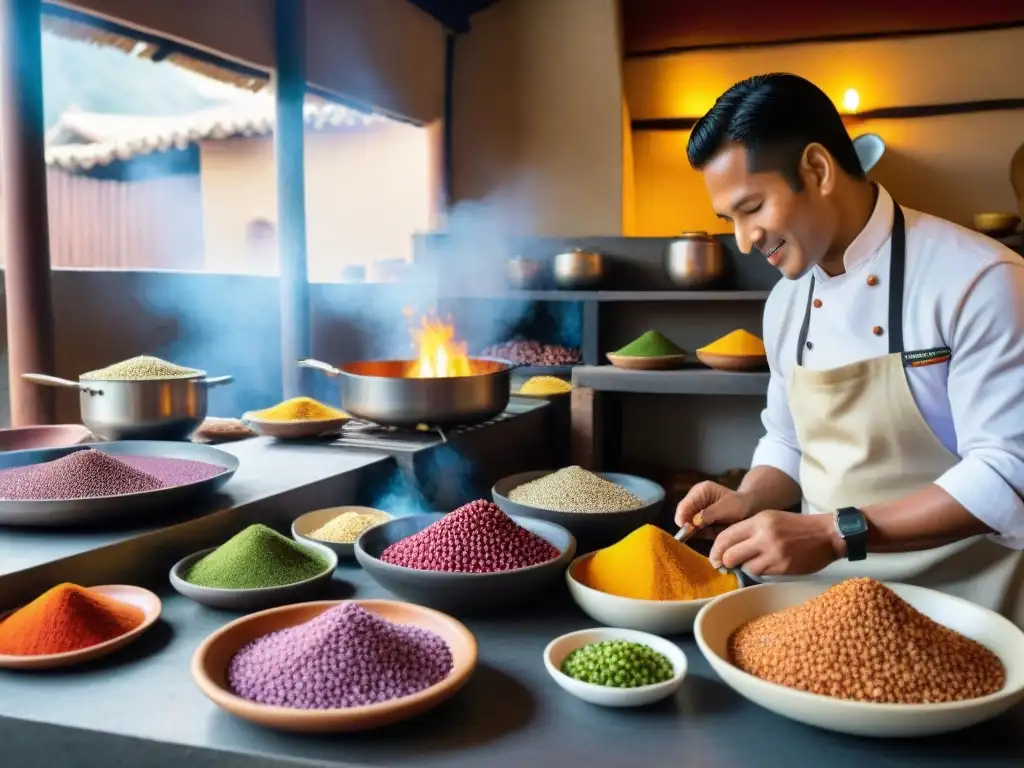 Un chef preparando anticuchos en una bulliciosa cocina peruana, con estanterías de libros sobre gastronomía peruana tradicional al fondo