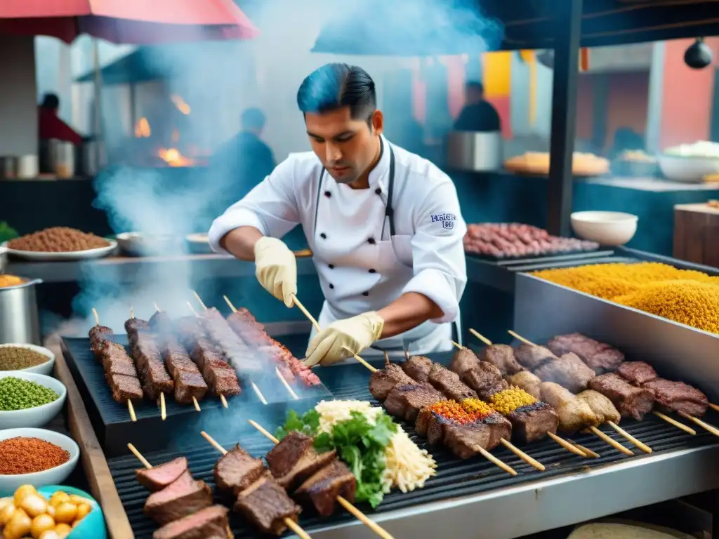 Un chef prepara anticuchos en un mercado peruano, reflejando el origen y receta del anticucho