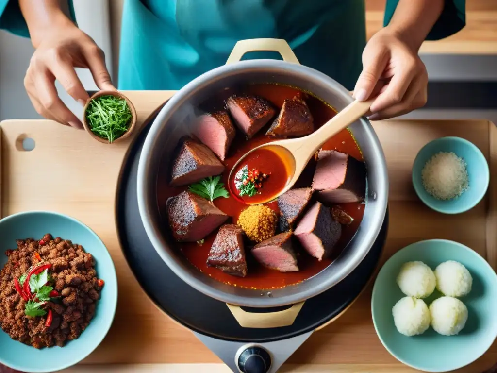 Un chef prepara Adobo Arequipeño en cocina tradicional peruana, maridando carne en salsa roja