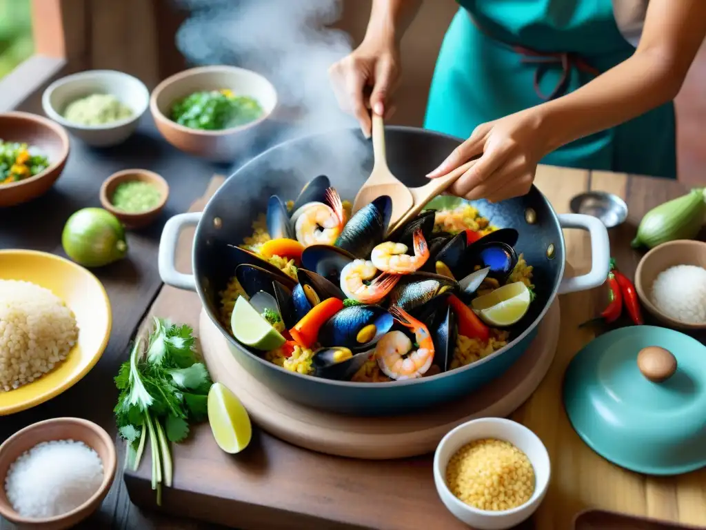 Un chef prepara Arroz con Mariscos receta tradicional en cocina costeña peruana, creando una escena vibrante y aromática