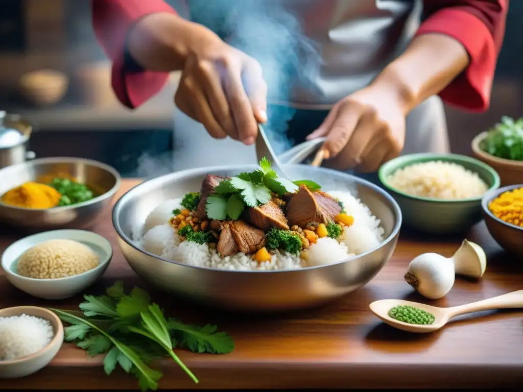 Un chef prepara Arroz con Pato a la Chiclayana en una cocina peruana tradicional con ingredientes vibrantes