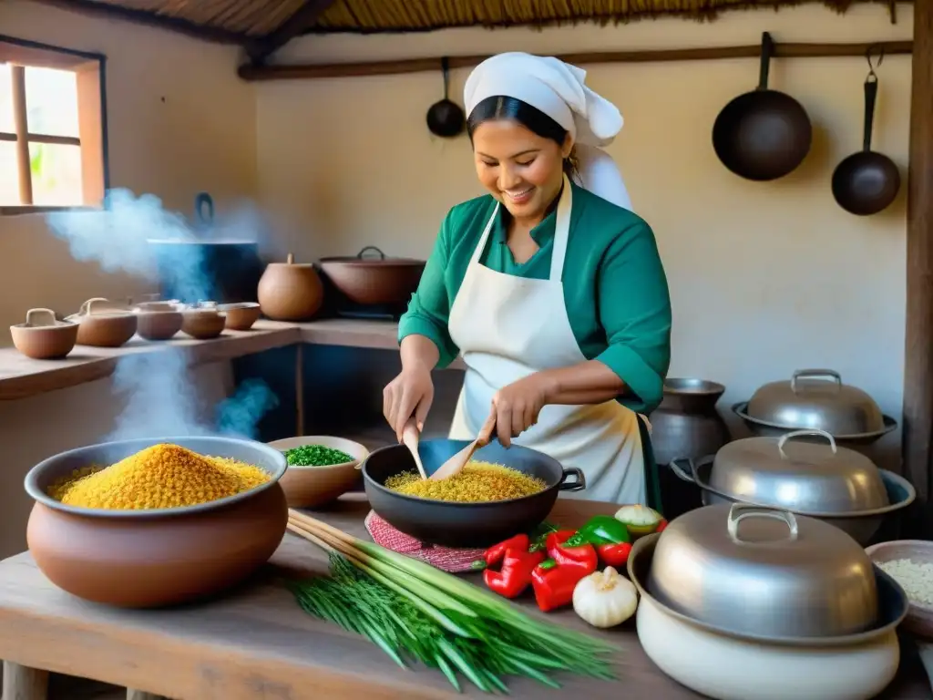 Un chef prepara Arroz con Pato a la Chiclayana en cocina tradicional peruana