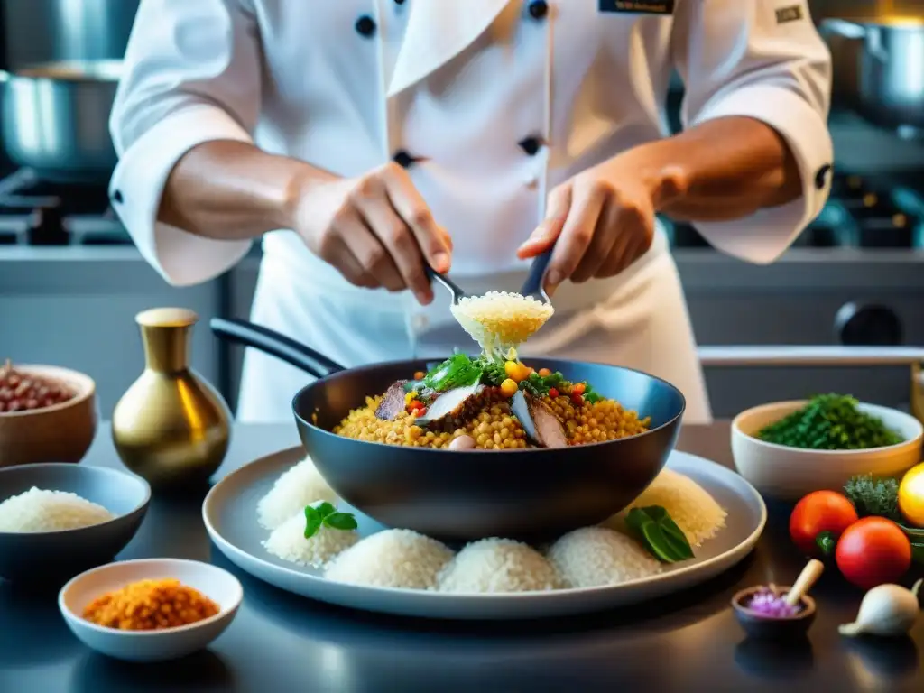 Un chef fusionando arroz con pato en una cocina moderna, rodeado de ingredientes coloridos en una evolución culinaria