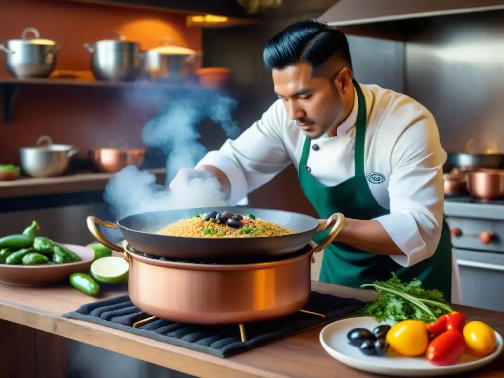 Un chef prepara arroz con pato en cocina peruana tradicional, reflejando historia y evolución culinaria