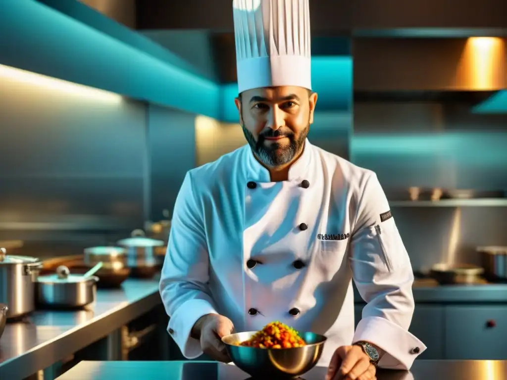 Un chef de autor en Lima preparando una exquisita creación culinaria en cocina moderna