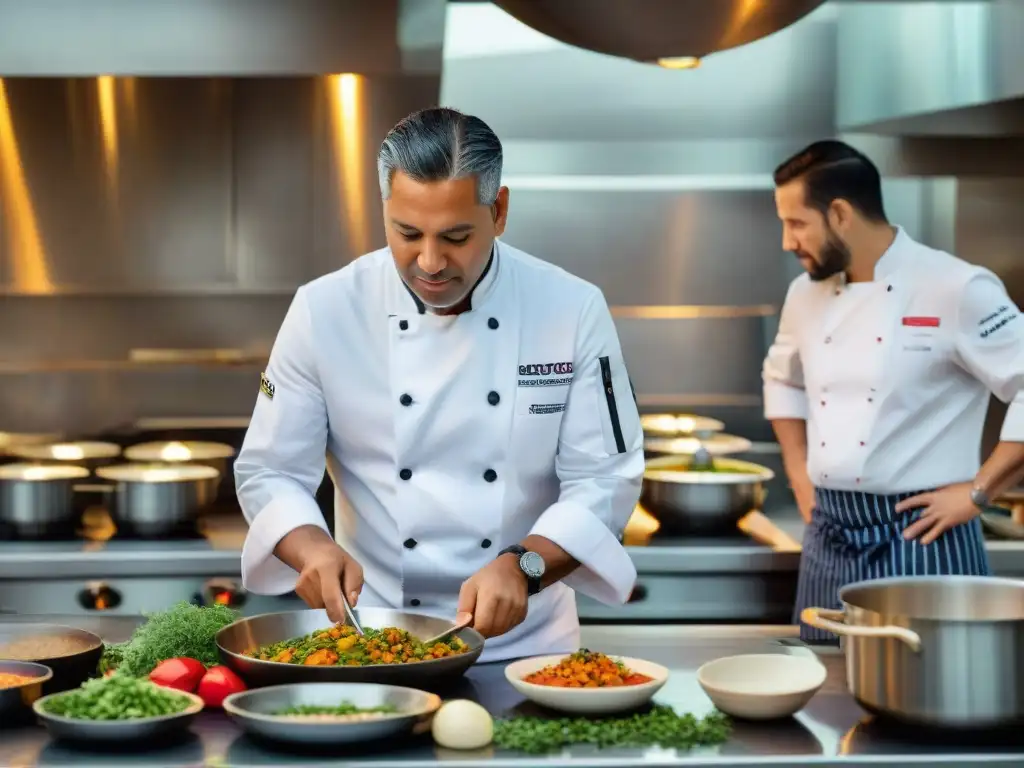 Chef Rafael Osterling en su bulliciosa cocina, rodeado de un equipo diverso, cocina con pasión