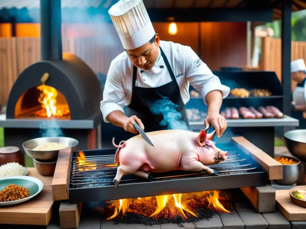 Un chef hábil usando una Caja China para asar un cerdo entero en una cocina al aire libre, rodeado de ingredientes y utensilios, con espectadores admirando, capturando la esencia de la artesanía culinaria peruana en 'Caja China en la Cocina'