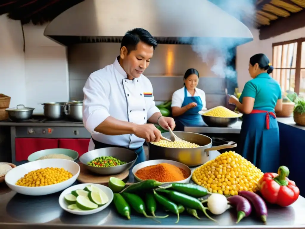 Chef preparando Chupe de Camarones en una cocina tradicional peruana, resaltando la gastronomía peruana