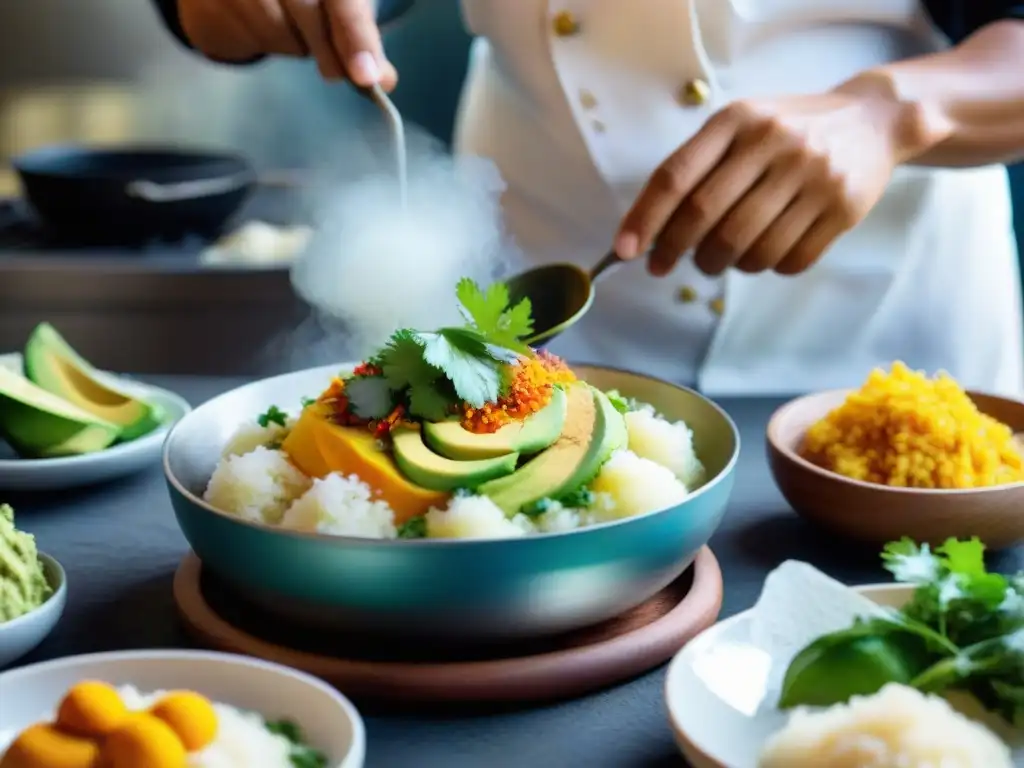 Chef elaborando causa limeña con ingredientes peruanos en una cocina bulliciosa