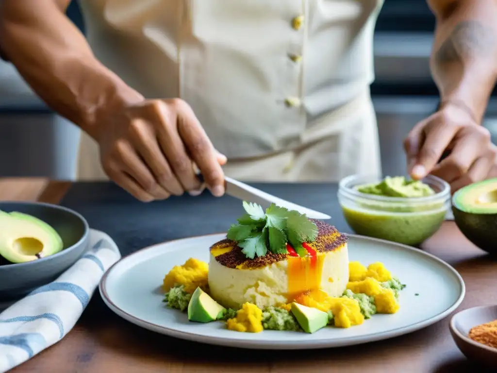 Chef preparando Causa Limeña receta auténtica: paso a paso de capas de puré, ají amarillo, aguacate y pollo sazonado