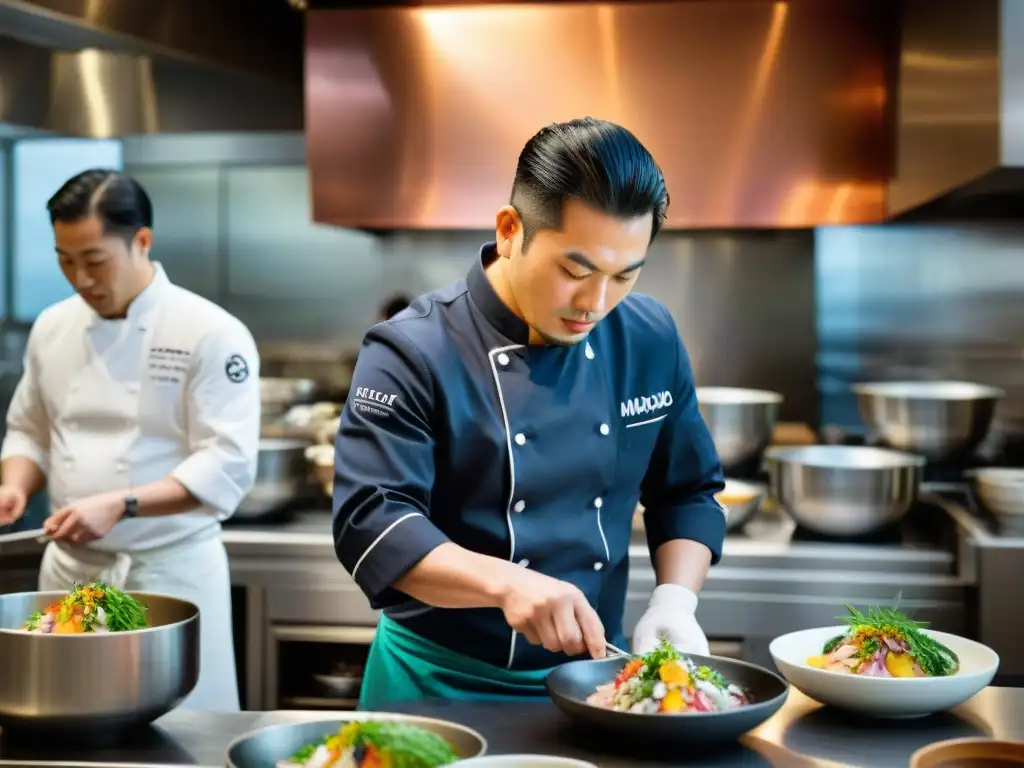 El chef Tsumura prepara un ceviche Nikkei en la bulliciosa cocina de Maido