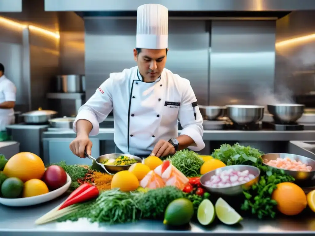 Un chef preparando ceviche en cocina abierta de restaurante peruano