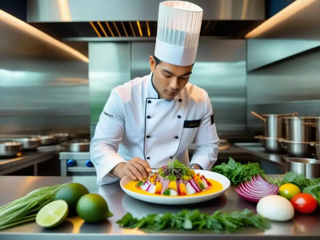 Chef en Lima preparando ceviche en cocina moderna