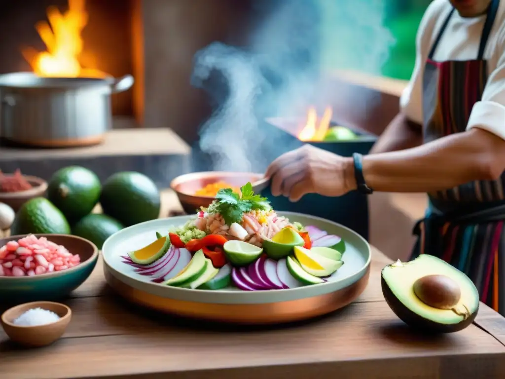 Un chef prepara Ceviche en una cocina peruana tradicional, con ingredientes frescos y coloridos