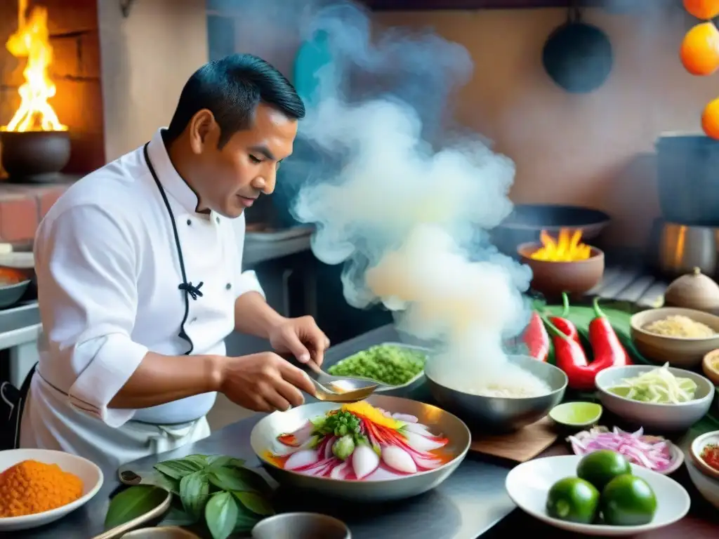 Un chef preparando ceviche en una cocina peruana tradicional, con ingredientes frescos